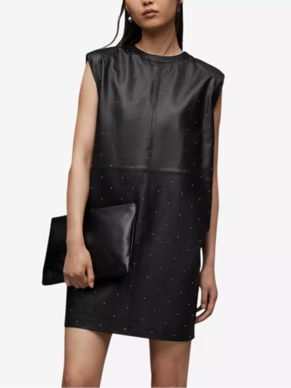 AllSaints NWOT Size 10 Black Mika Pinstud Leather Mini Dress Designer Party